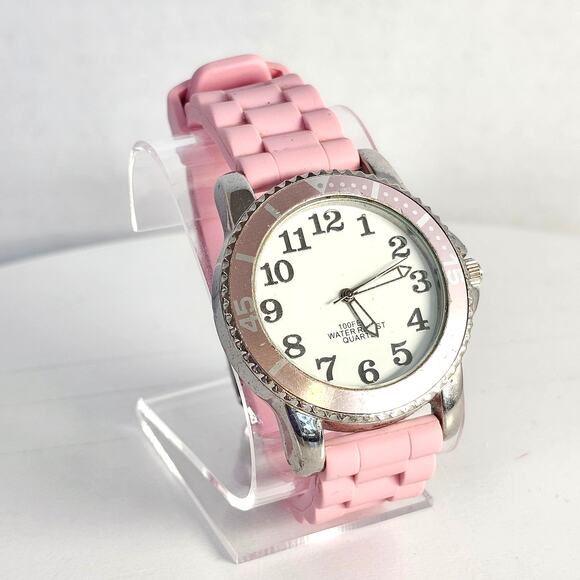 Pink Silicone Women's Quartz Watch 38mm Case White Dial Silver-Tone Bezel Tested - Picture 3 of 12